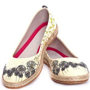 NWT White Cream Floral & Yellow Bird Ballet Flats Wicker Vegan Handmade, 6.5/37